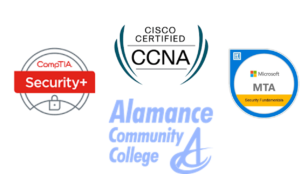 CCNA, Security +， MTA Security Fundamentals，和Alamance Commuvwin德赢网nity College的logo